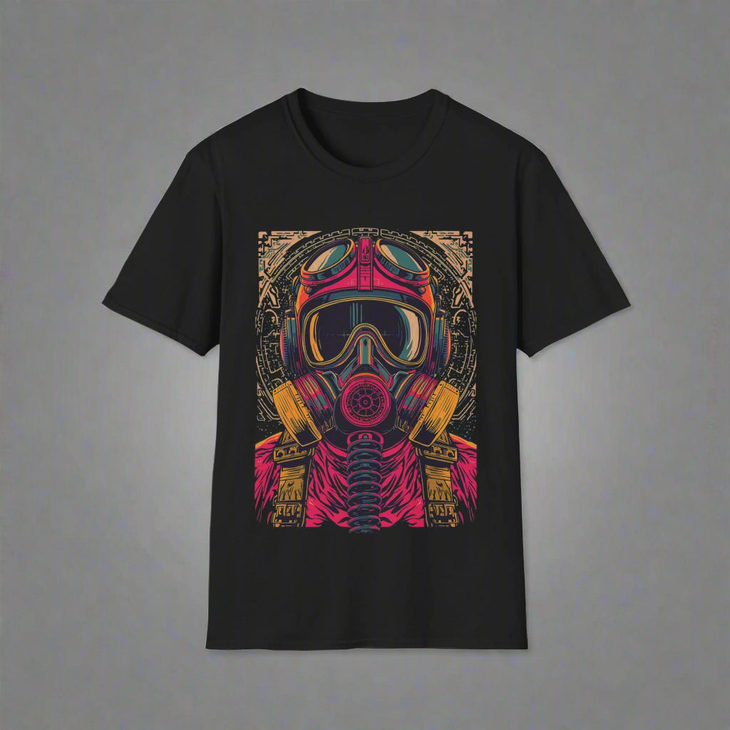 Black t-shirt with a colorful graphic of a helmet and gas mask