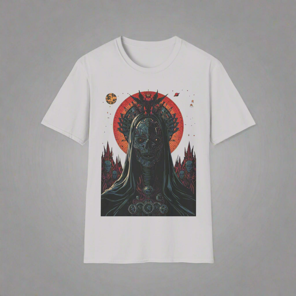 White t-shirt with a graphic design of a stylized face with a red circle and black hair