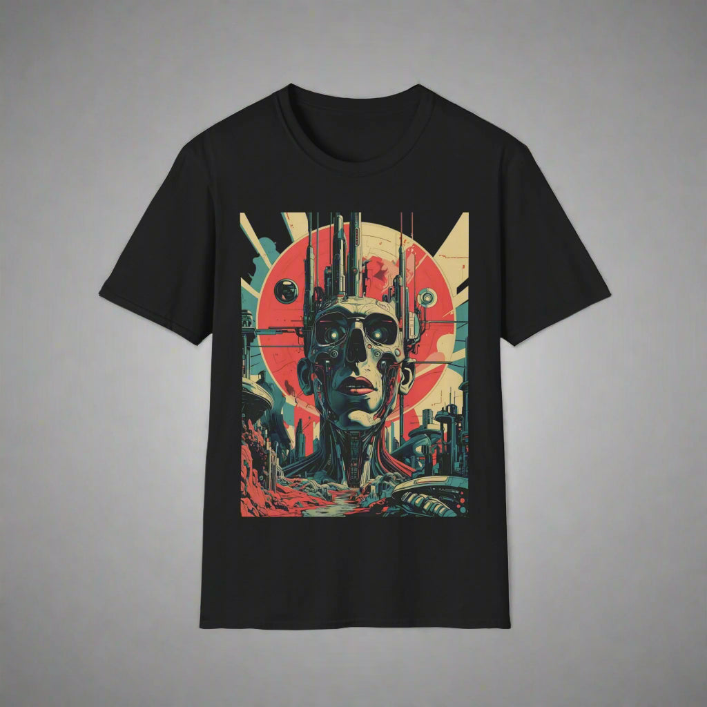 Black t-shirt with a graphic design of a robot face