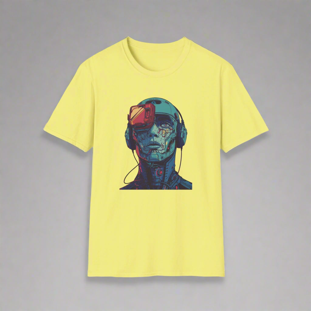 Yellow t-shirt with a graphic of a robot head