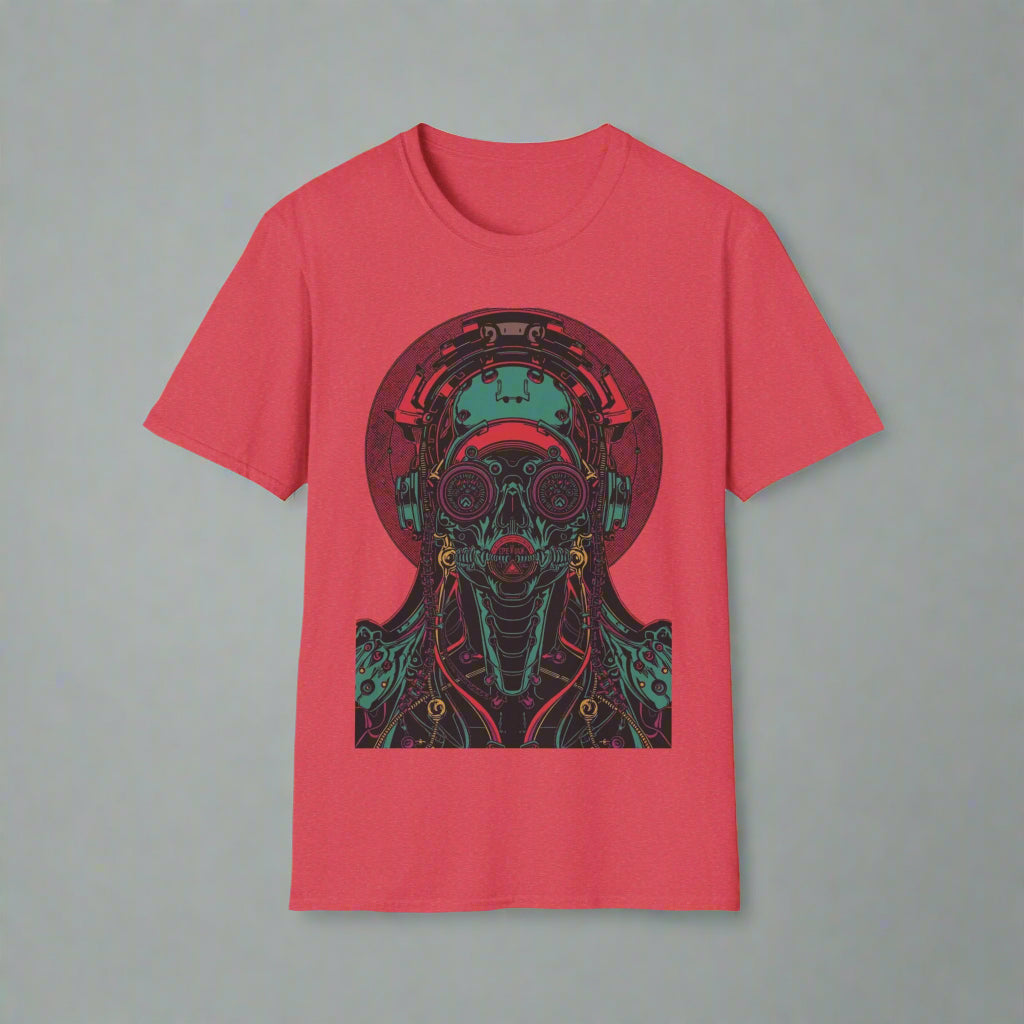 Red t-shirt with a graphic design of a face wearing headphones