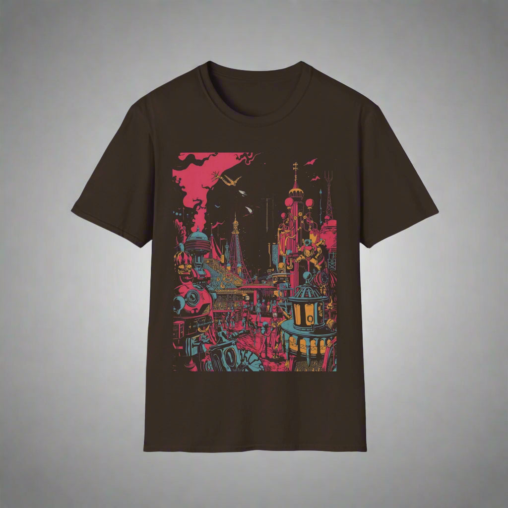 Black t-shirt with colorful graphic design