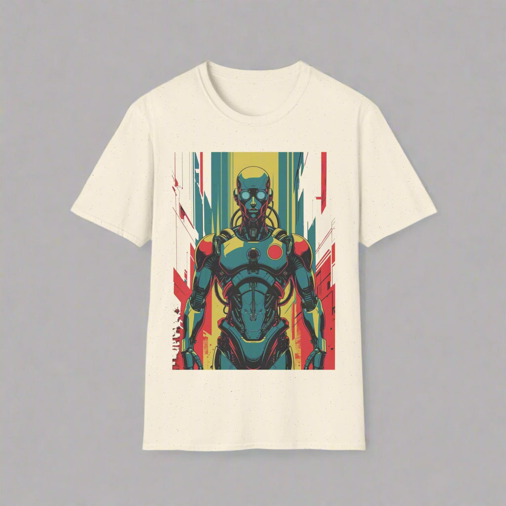 Beige t-shirt with a colorful graphic of a robot