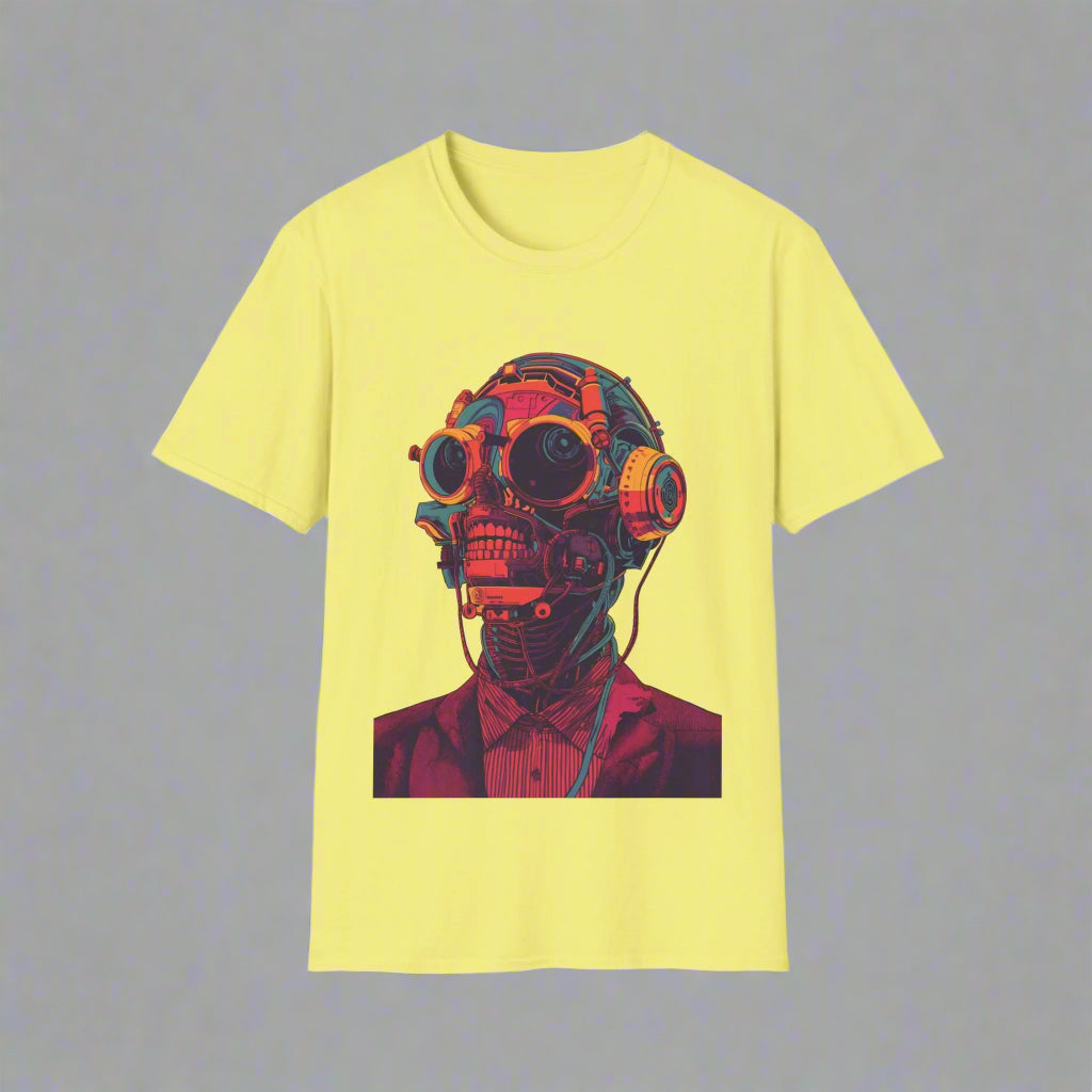 Yellow t-shirt with a graphic of a person wearing a futuristic gas mask