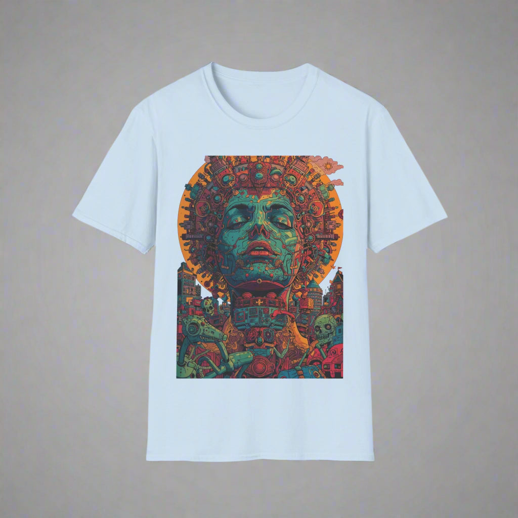 Light blue t-shirt with a colorful graphic design