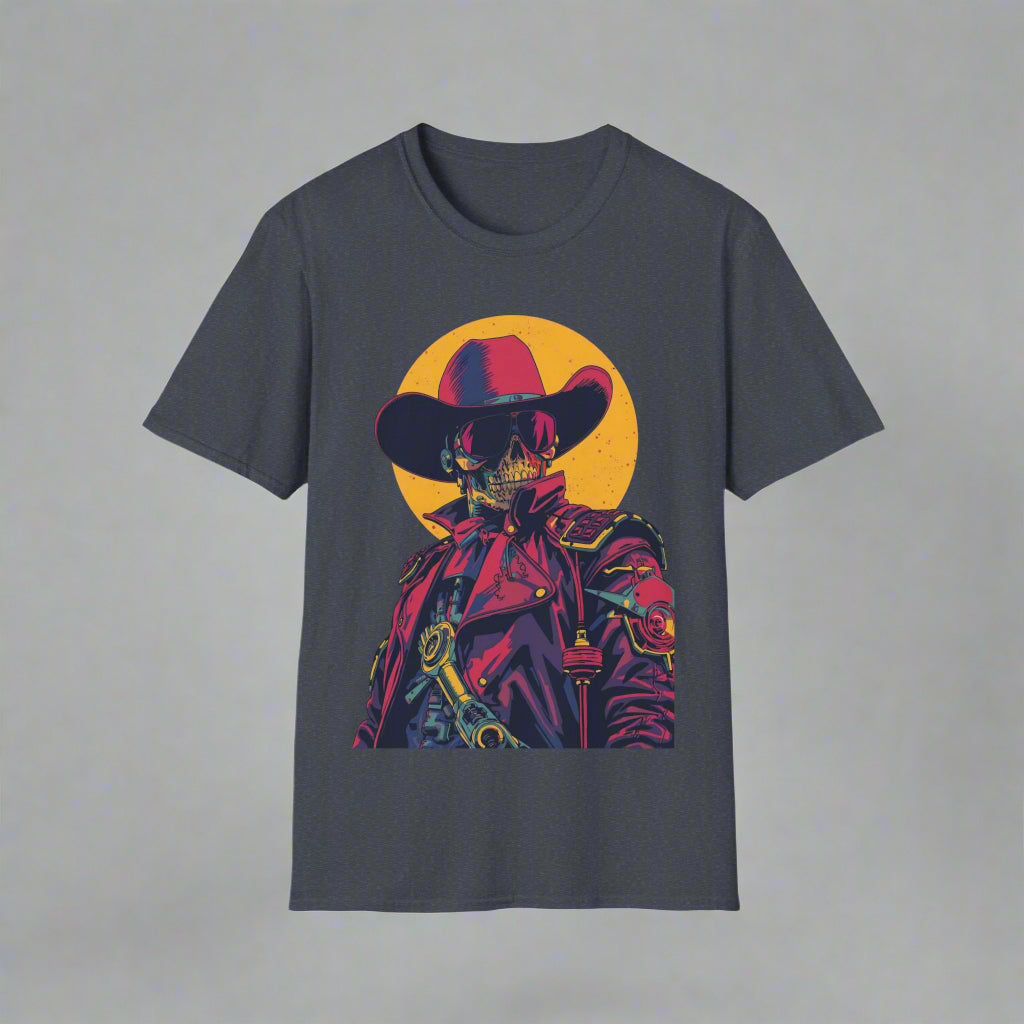 Gray t-shirt with a colorful graphic of a skeleton wearing a cowboy hat and coat