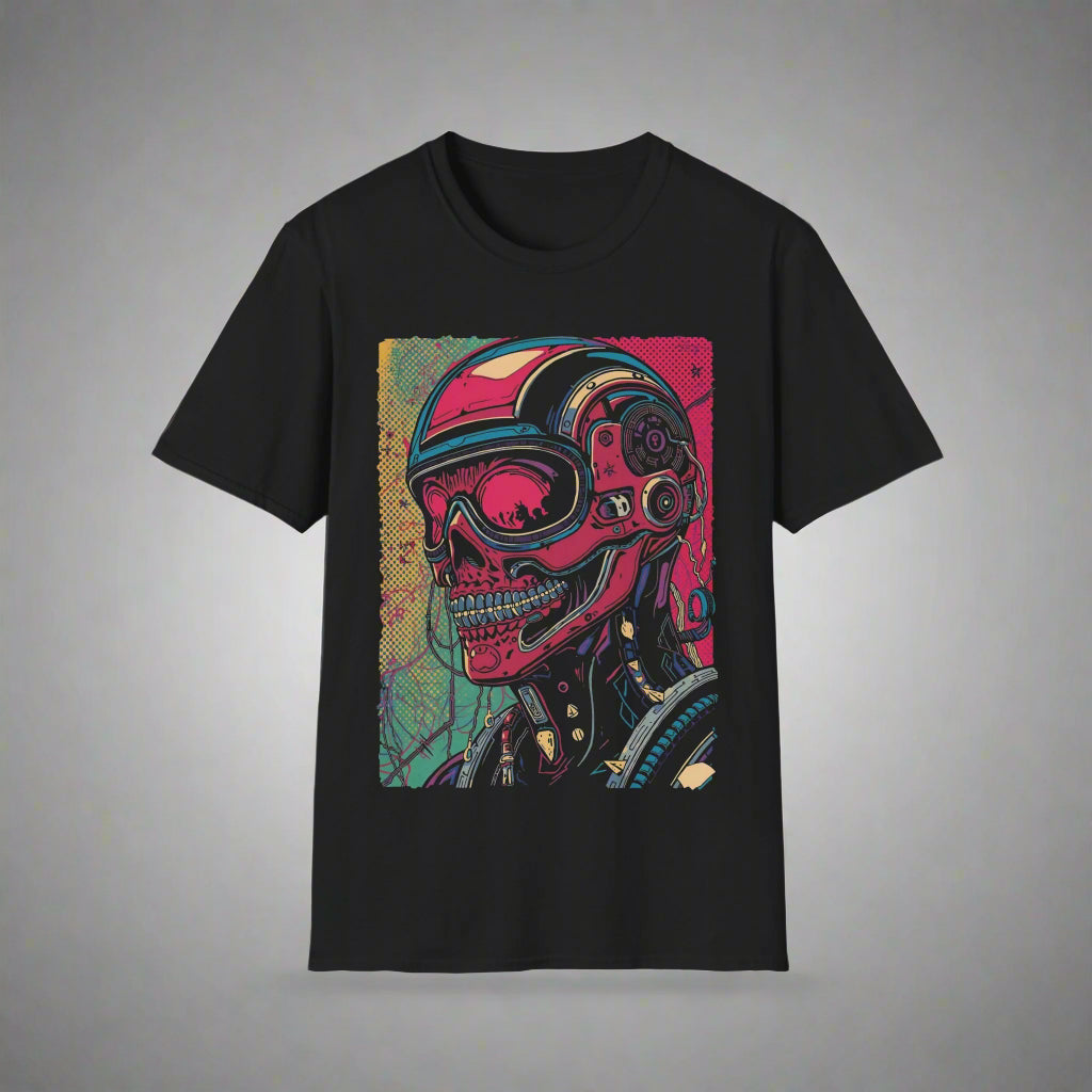 Black t-shirt with a colorful skull and helmet graphic