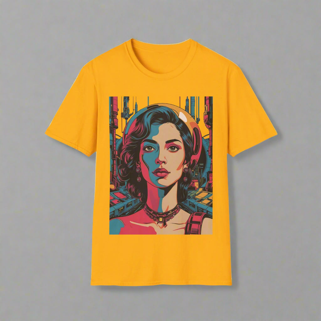 Yellow t-shirt with a colorful graphic of a woman's face