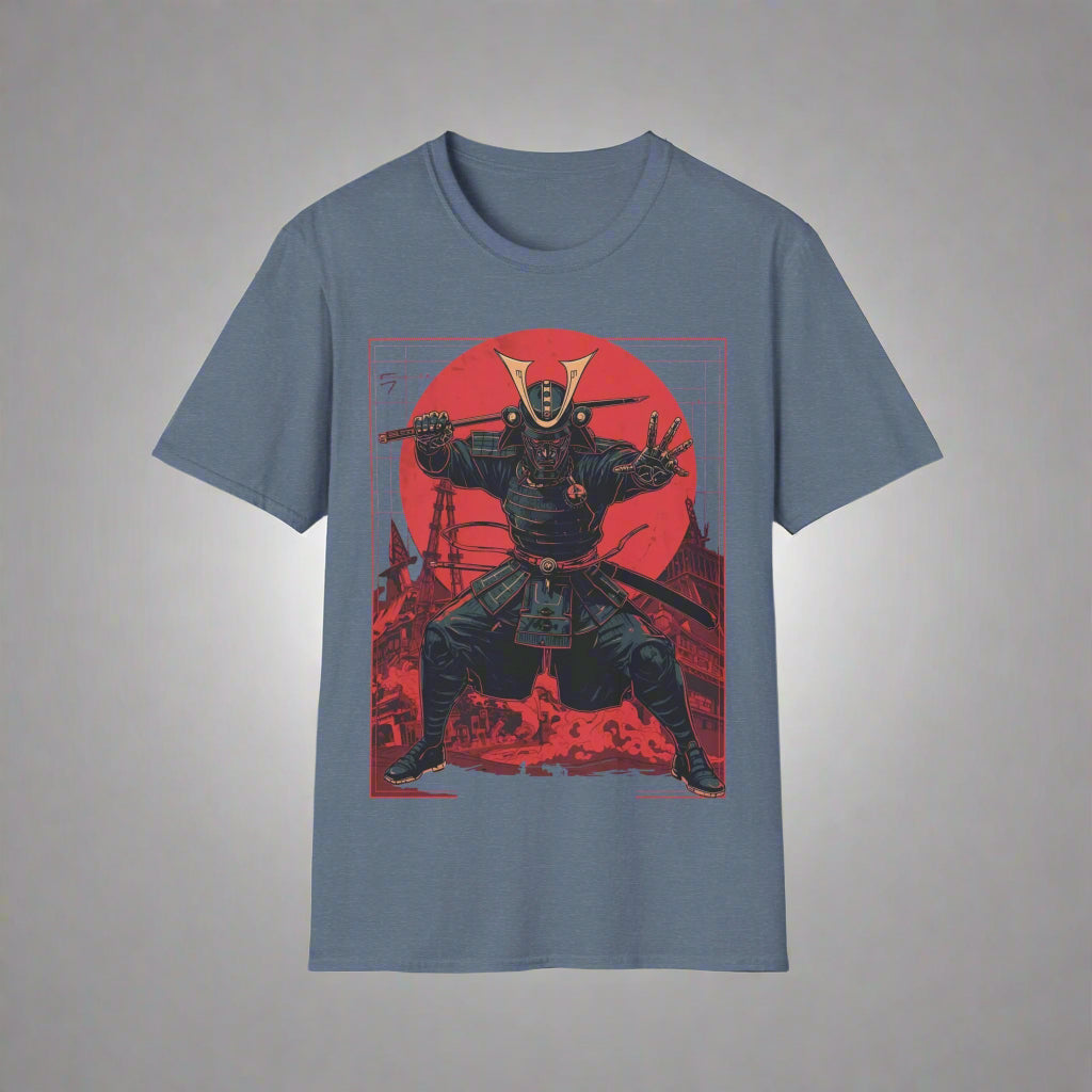 Blue t-shirt with a graphic of a warrior holding a sword