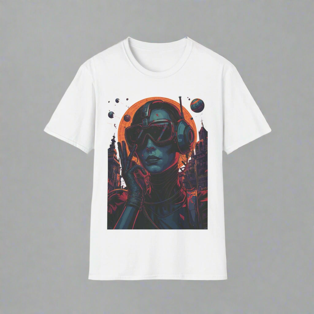 White t-shirt with a graphic design of a person wearing goggles and headphones