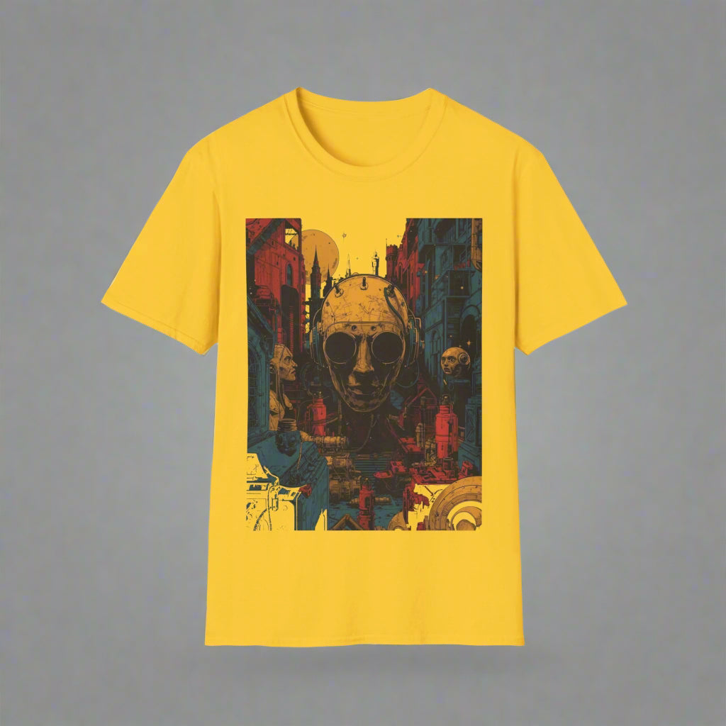Yellow t-shirt with a graphic design of a helmeted figure and cityscape