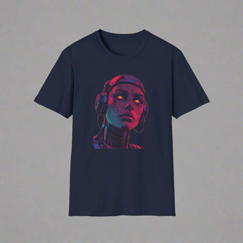 Navy blue t-shirt with a graphic of a person wearing headphones