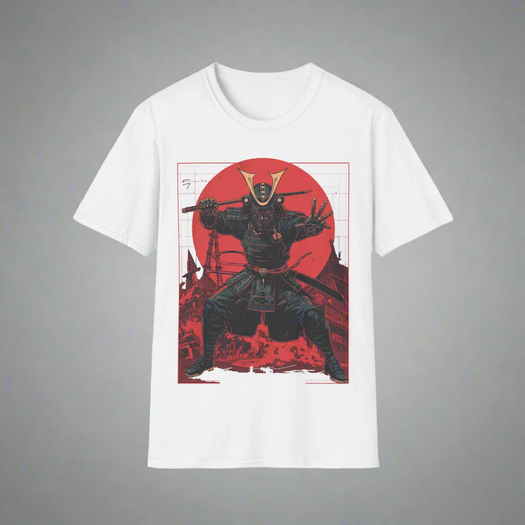 White t-shirt with a black and red graphic of a warrior