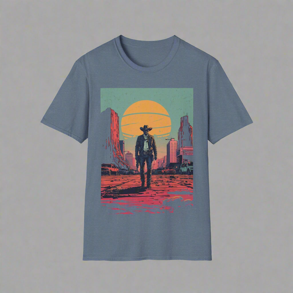 Blue t-shirt with a graphic of a cowboy