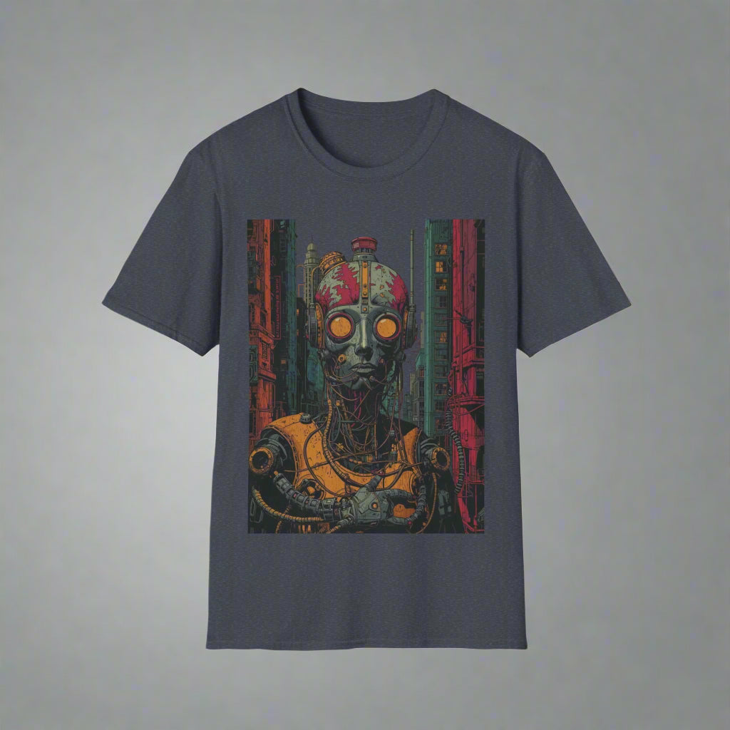 Gray t-shirt with a graphic design of a creature with glowing eyes