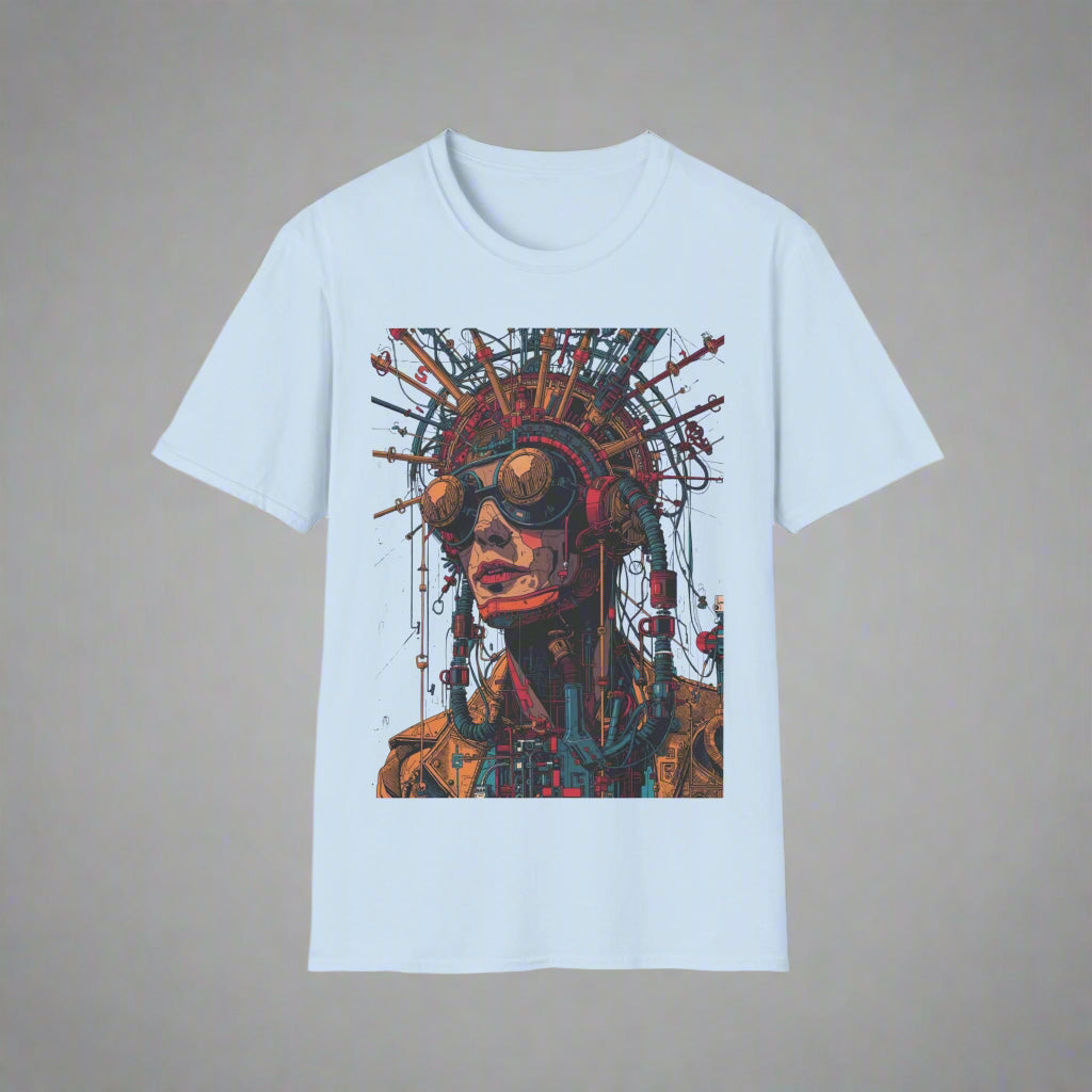 Light blue t-shirt with a graphic design of a person wearing goggles and a helmet