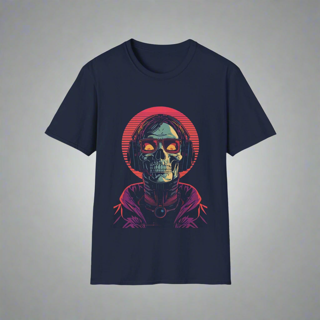 Navy blue t-shirt with a graphic design of a skull and red circle