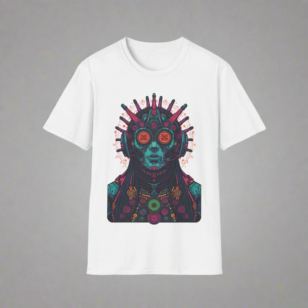 White t-shirt with a colorful alien design