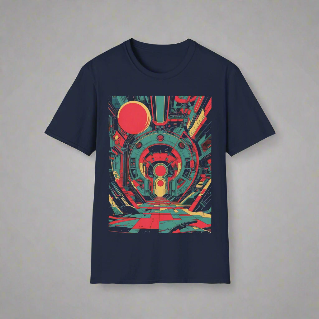 Navy blue t-shirt with a colorful geometric design