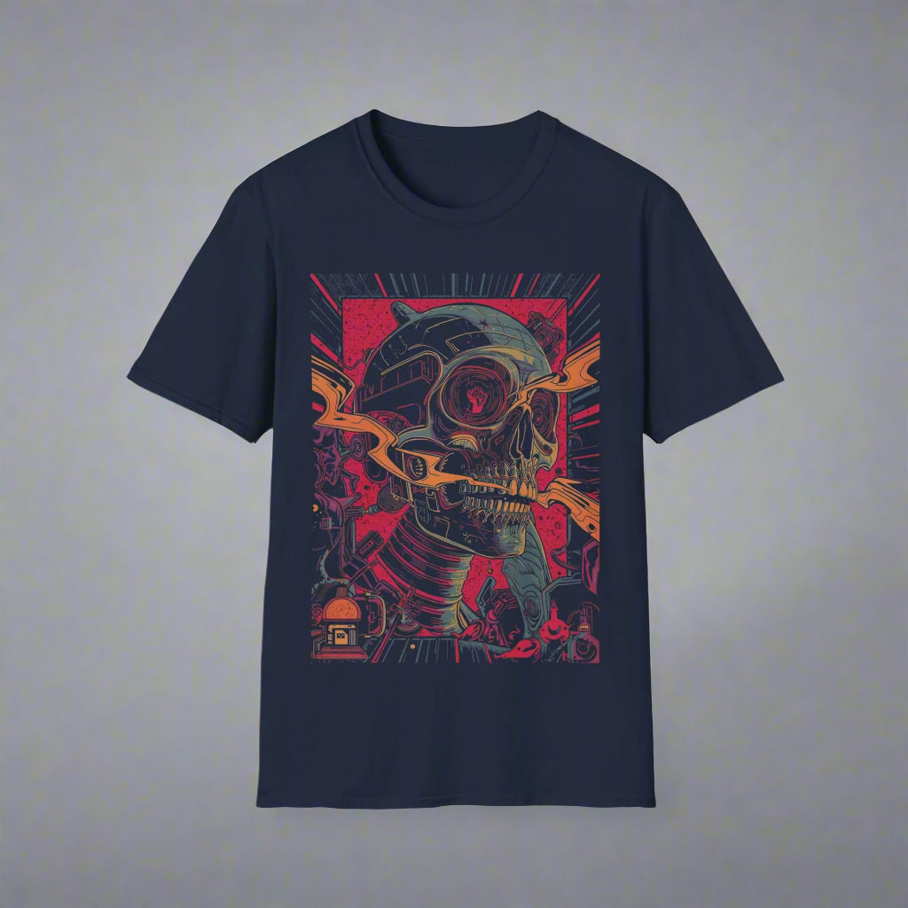 Navy blue t-shirt with a colorful graphic design