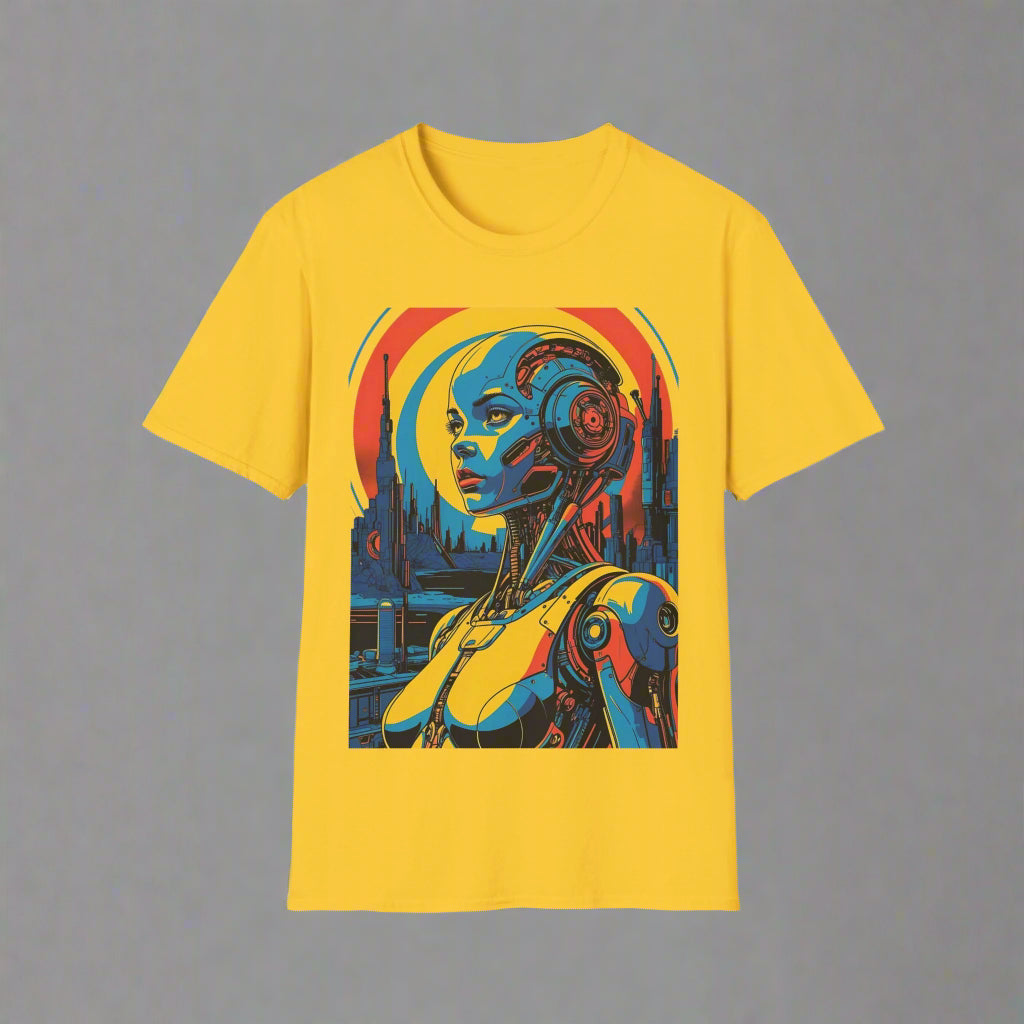 Yellow t-shirt with a futuristic robot design