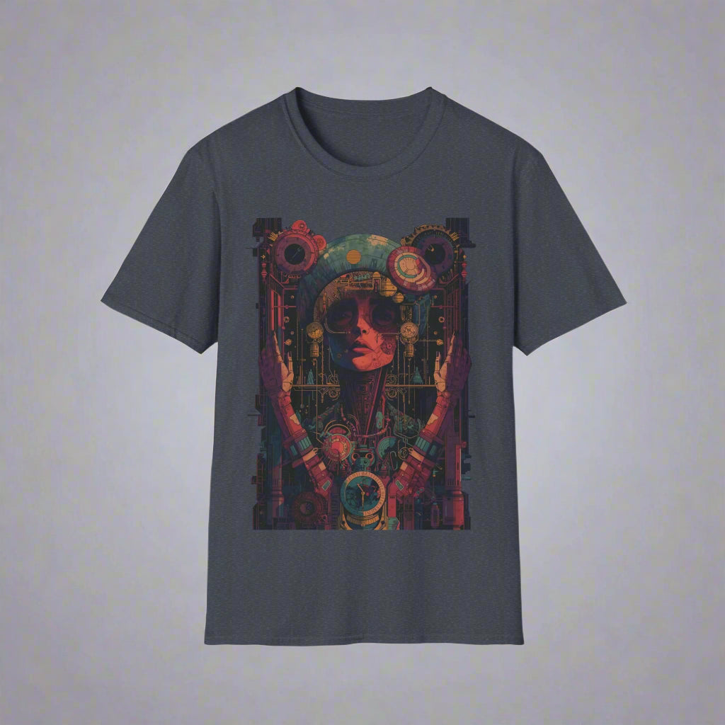 Gray t-shirt with a colorful graphic design