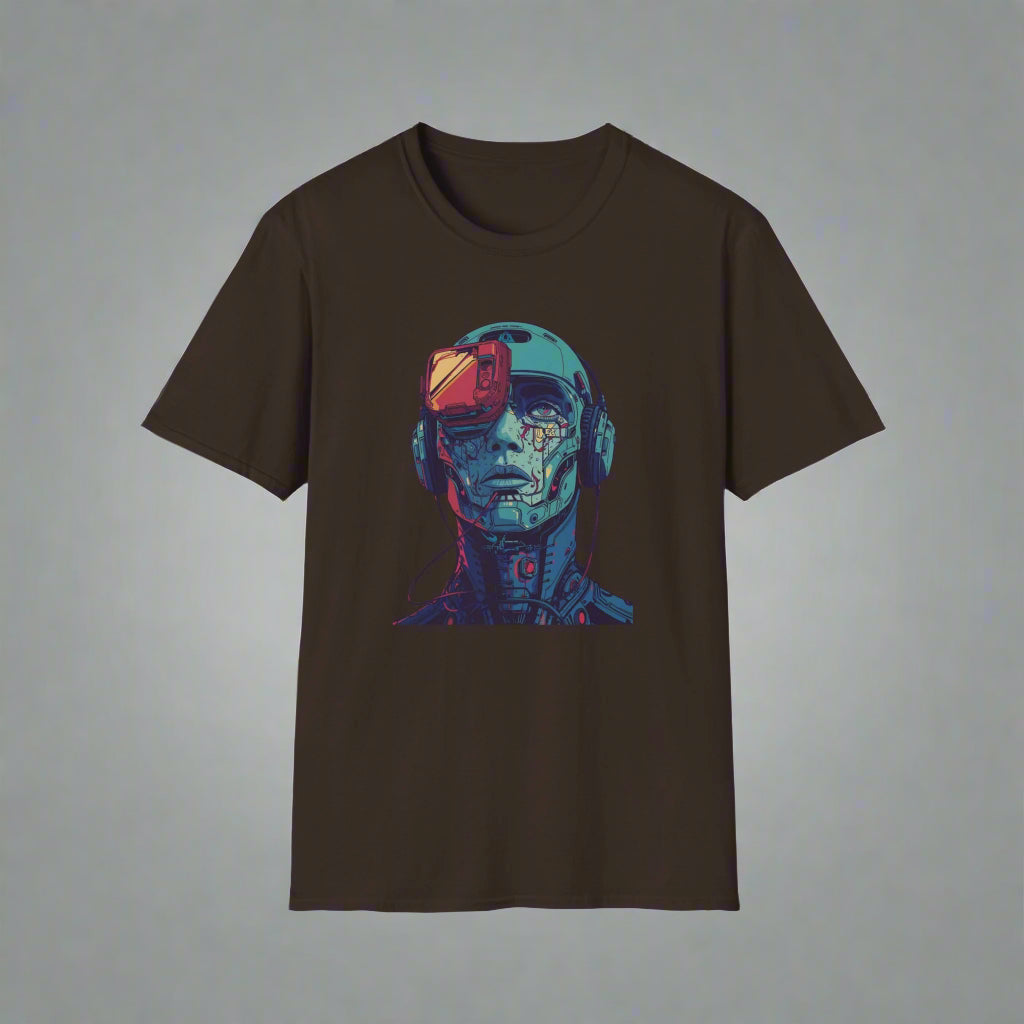 Black t-shirt with a colorful robot graphic