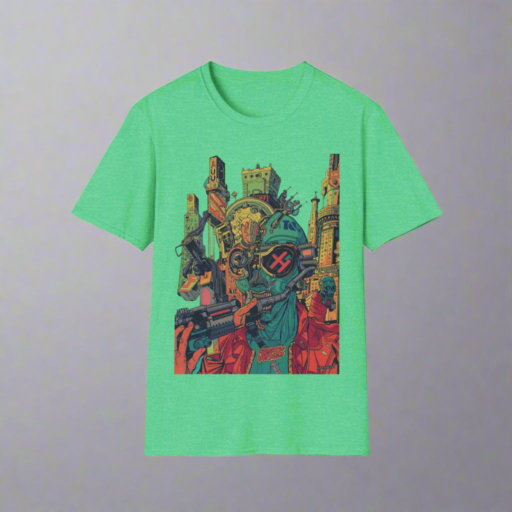 Green t-shirt with a colorful graphic design