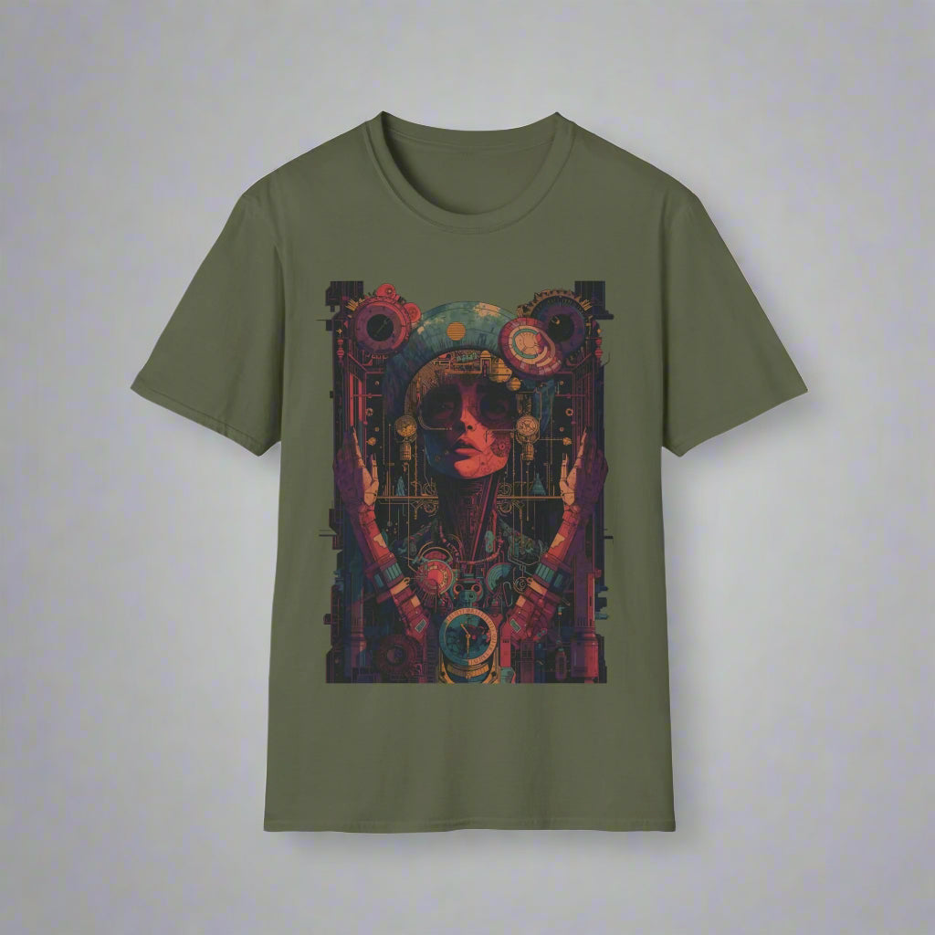 Green t-shirt with a colorful graphic design