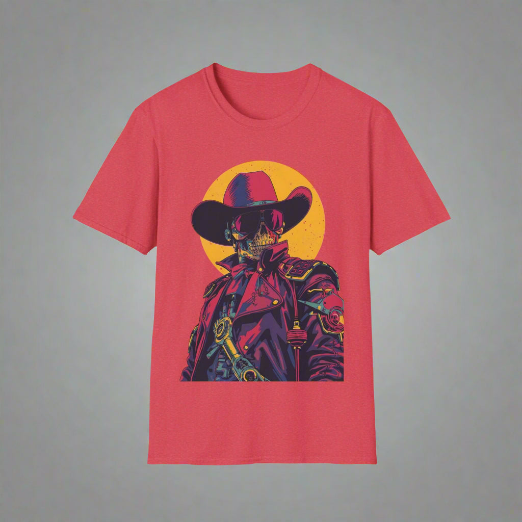 Red t-shirt with a graphic of a skeleton wearing a cowboy hat and jacket