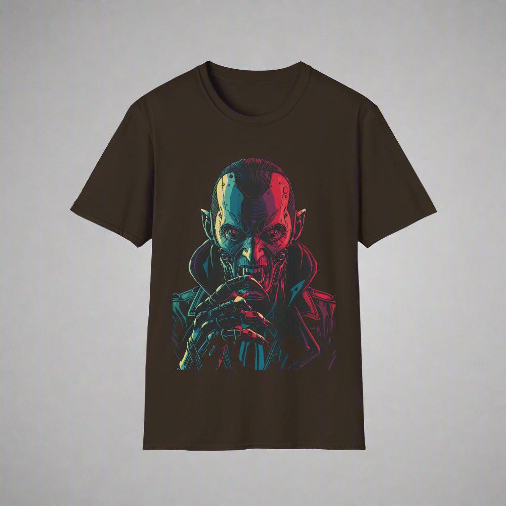 Black t-shirt with a colorful graphic of a character