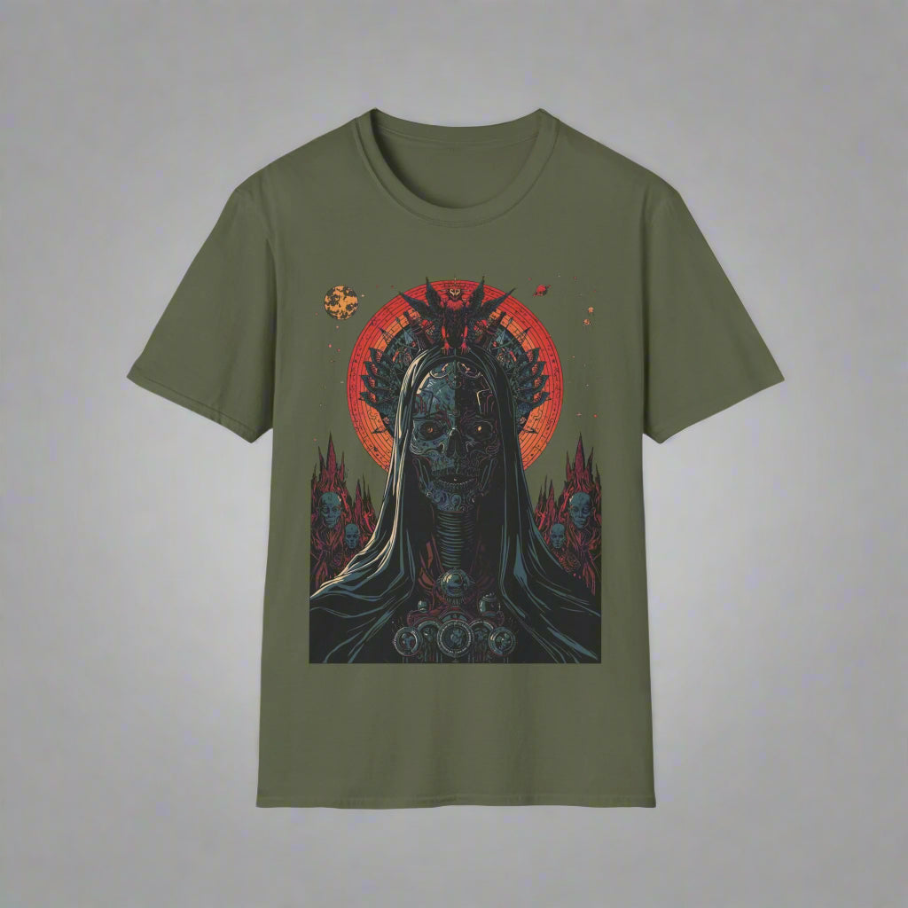 Green t-shirt with a graphic design of a hooded figure