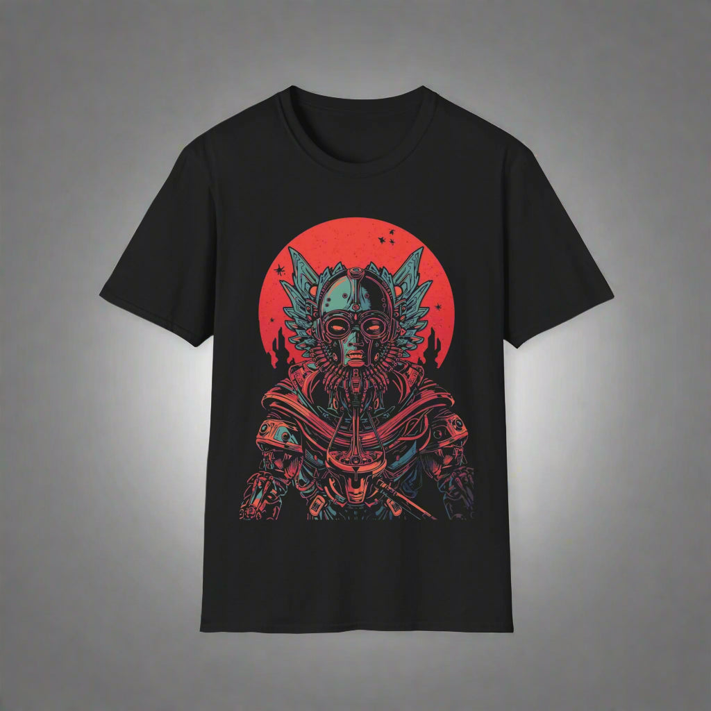 Black t-shirt with a graphic design of a warrior in armor against a red circle