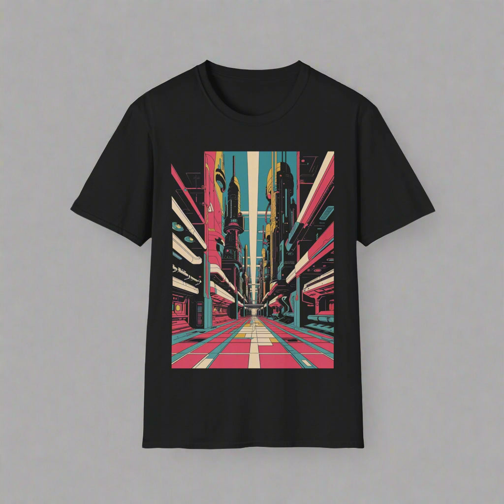 Black t-shirt with a colorful cityscape graphic