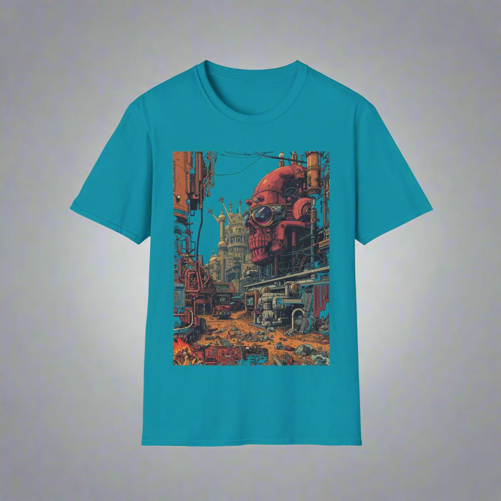 Teal t-shirt with a red robot graphic