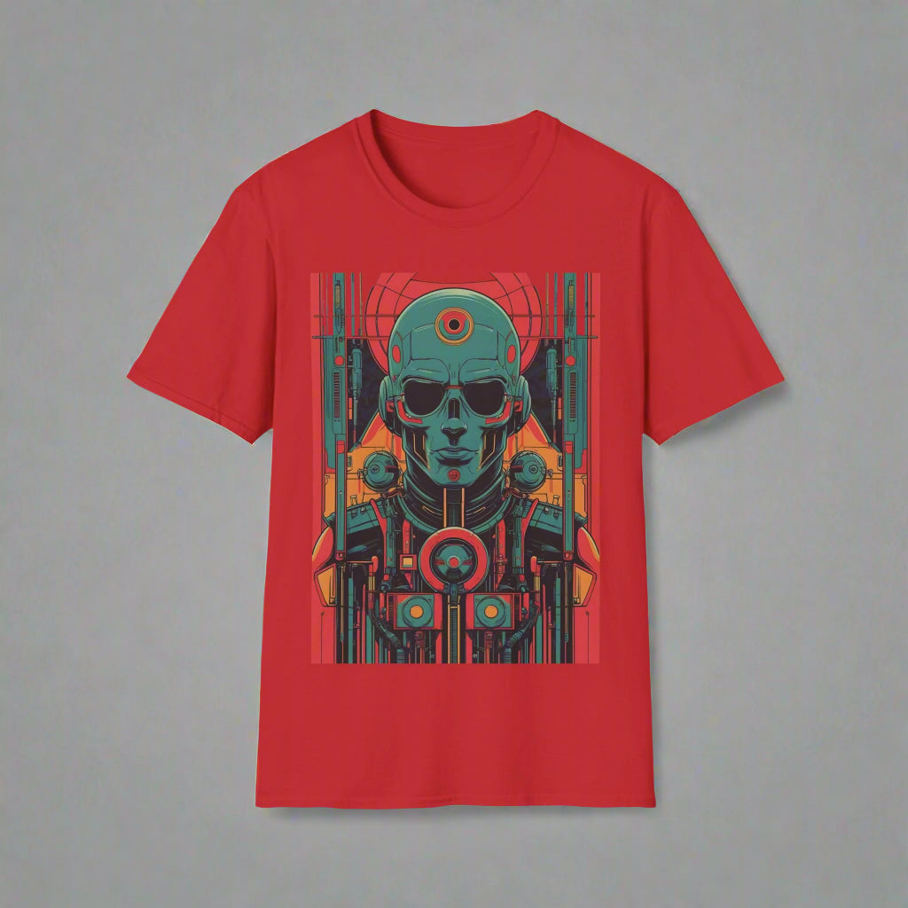 Red t-shirt with a graphic design of a robot