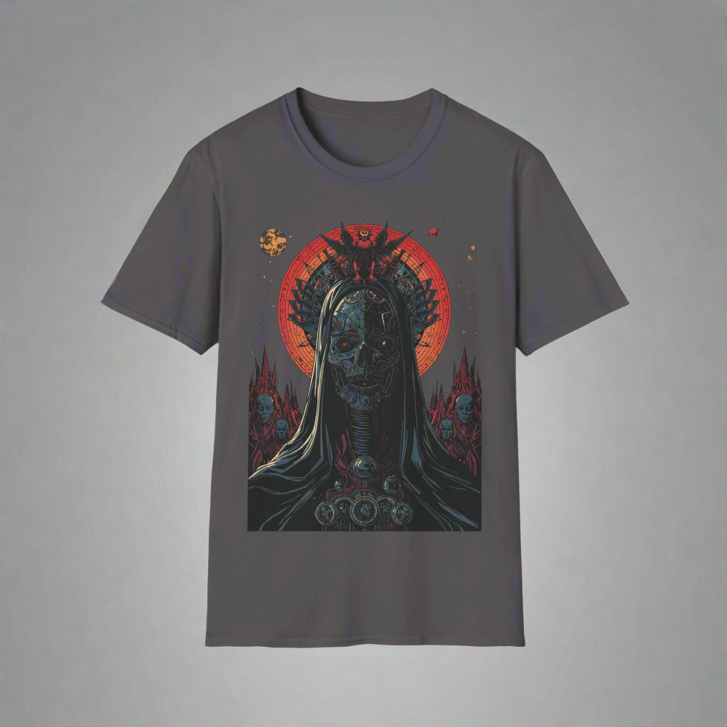 Gray t-shirt with a graphic design of a skull and red circle
