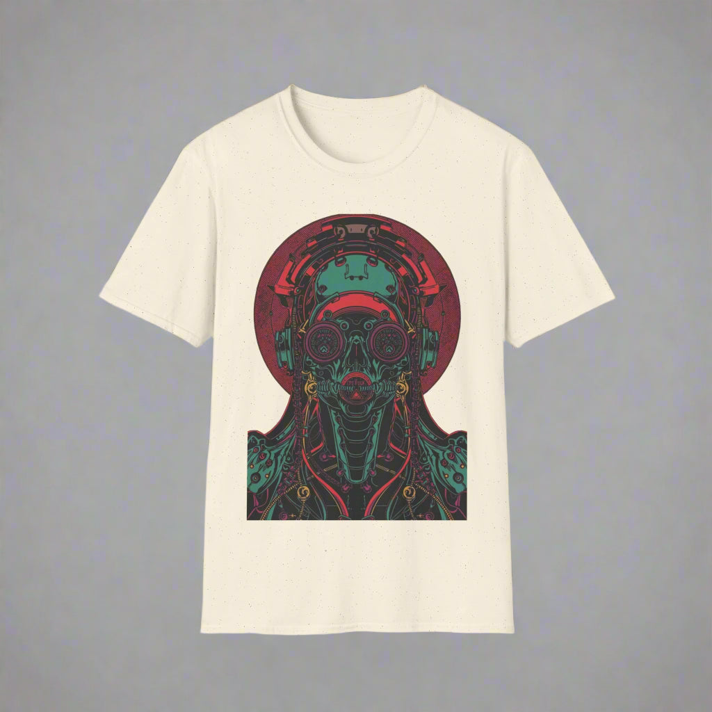 Beige t-shirt with a colorful graphic design