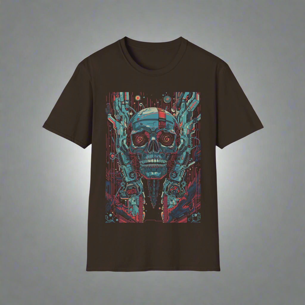 Black t-shirt with a futuristic skull design