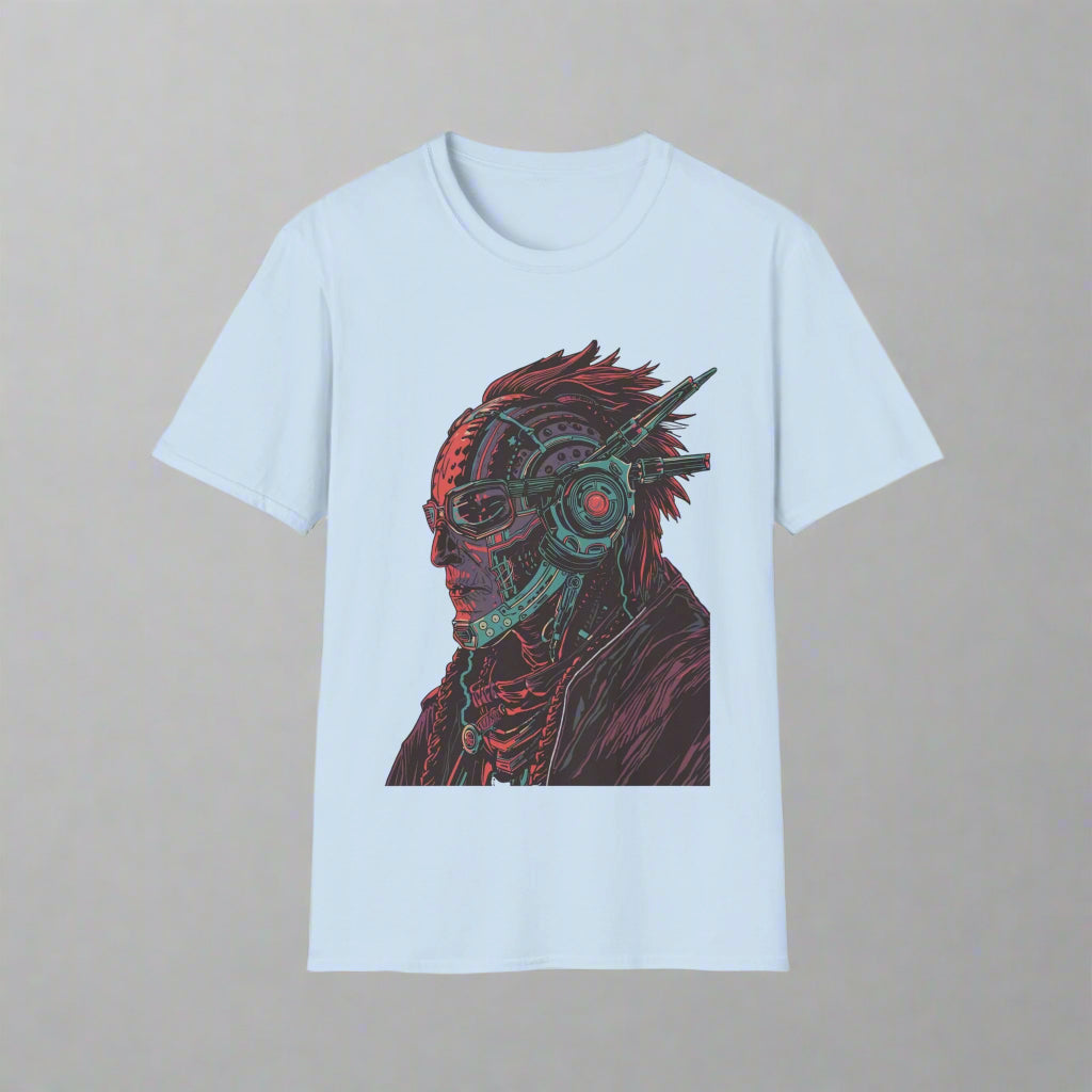 Light blue t-shirt with a graphic design of a person with red hair and goggles