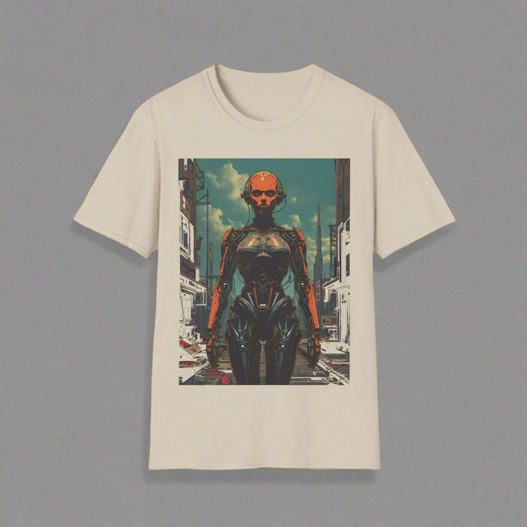 Beige t-shirt with a graphic of a robot in an urban setting