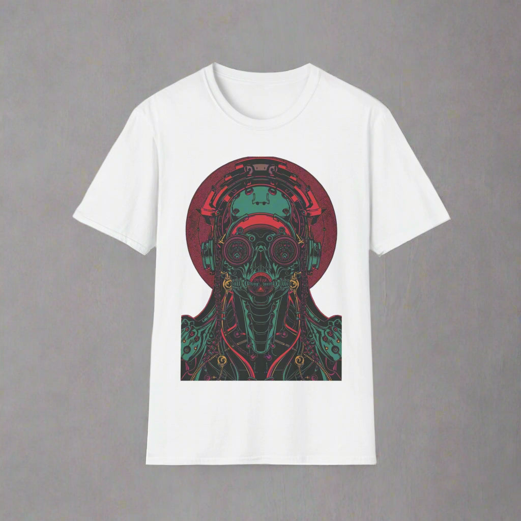 White t-shirt with a colorful graphic design