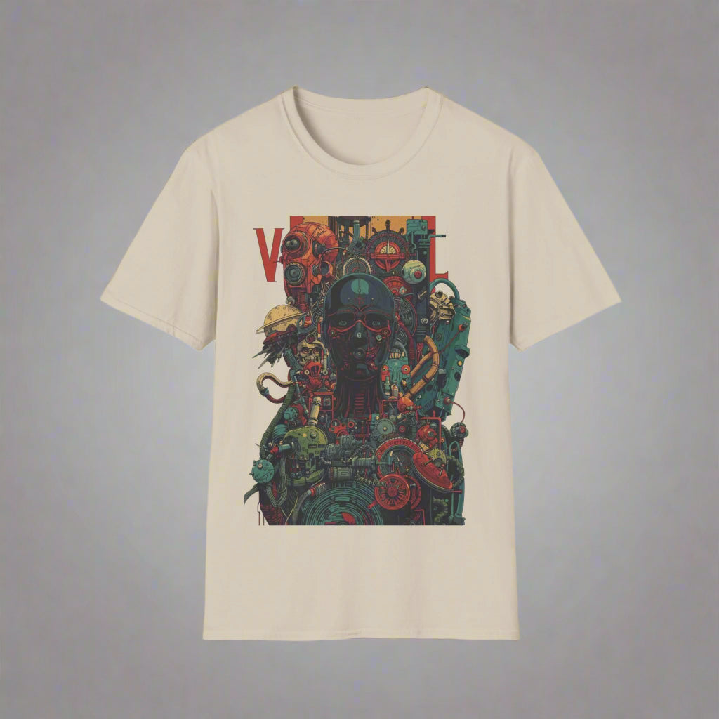 Beige t-shirt with a colorful graphic design