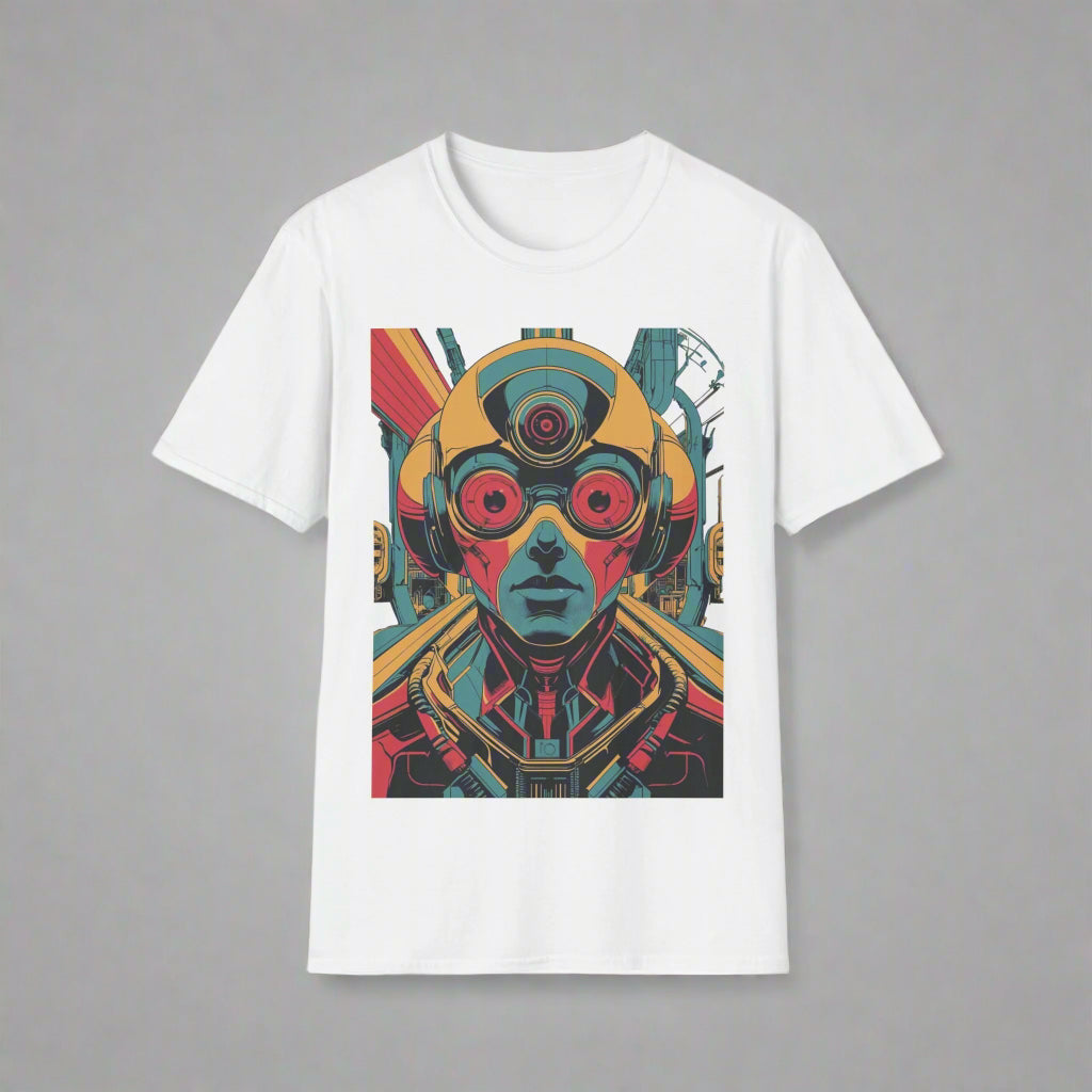 White t-shirt with a colorful robot graphic