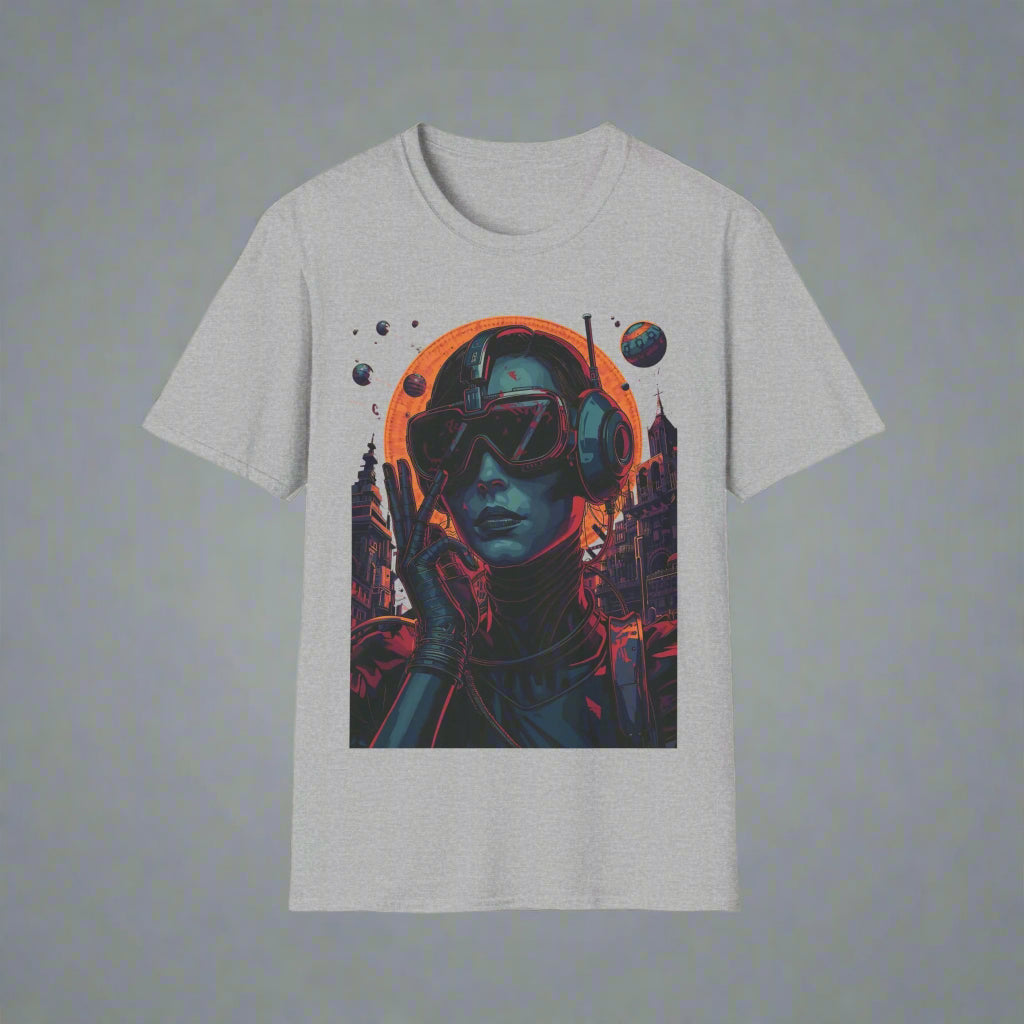 Gray t-shirt with a graphic of a person wearing goggles and headphones