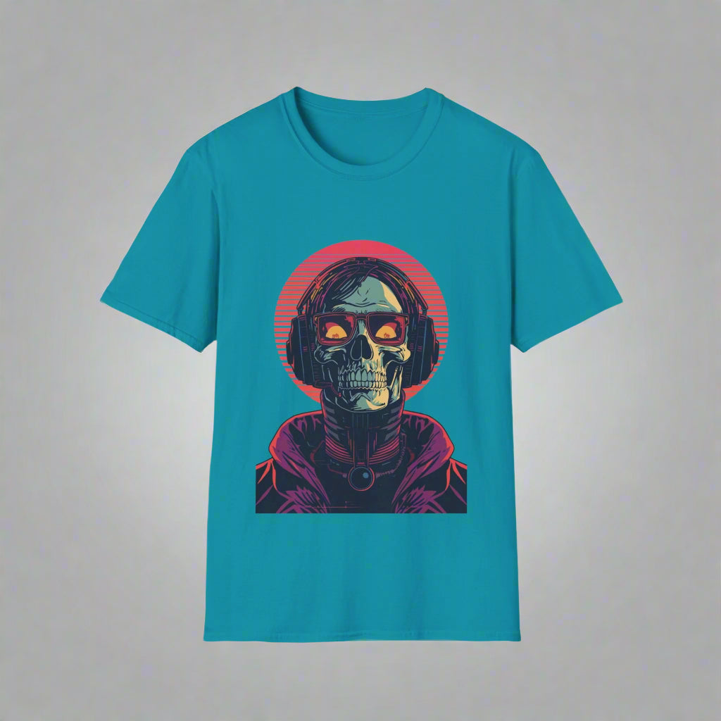 Teal t-shirt with a graphic of a skull and red eyes
