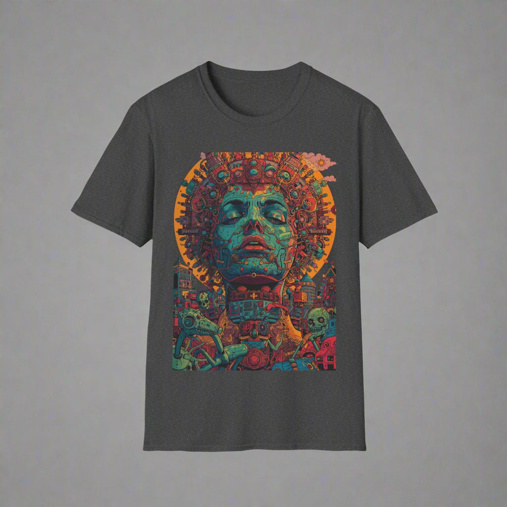 Gray t-shirt with a colorful graphic design