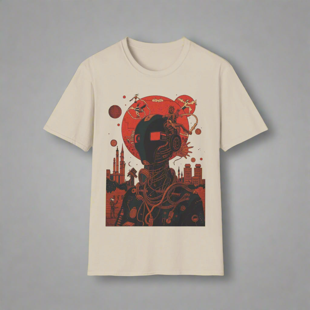 Beige t-shirt with a red and black graphic design
