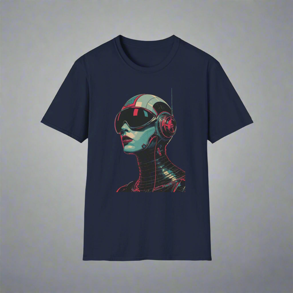 Navy blue t-shirt with a futuristic robot design