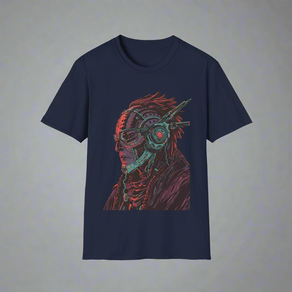 Navy blue t-shirt with a graphic design of a person wearing goggles